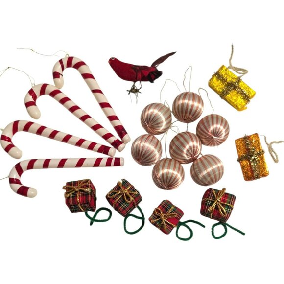 Vintage Christmas Tree Ornaments Lot Candy Canes Balls Gift Boxes Red Bird MCM - Picture 10 of 10